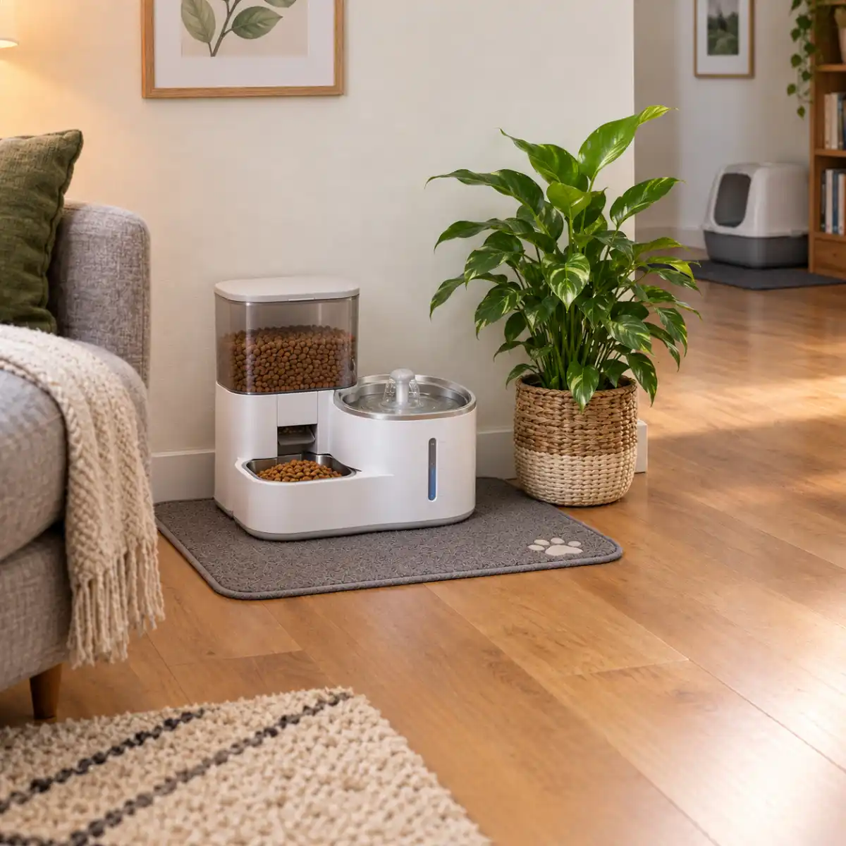 Station croquettes et eau posée sur un tapis lavable dans un coin calme du salon, plante verte à côté