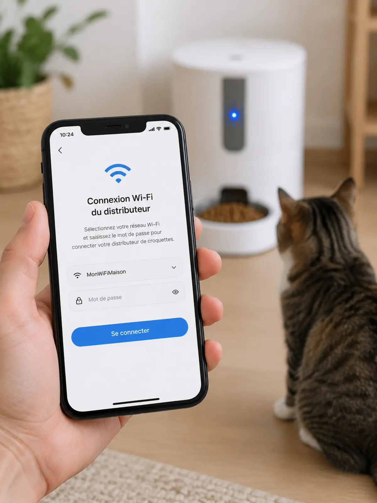Main qui tient un smartphone sur l'écran de connexion wifi du distributeur, chat tigré assis derrière