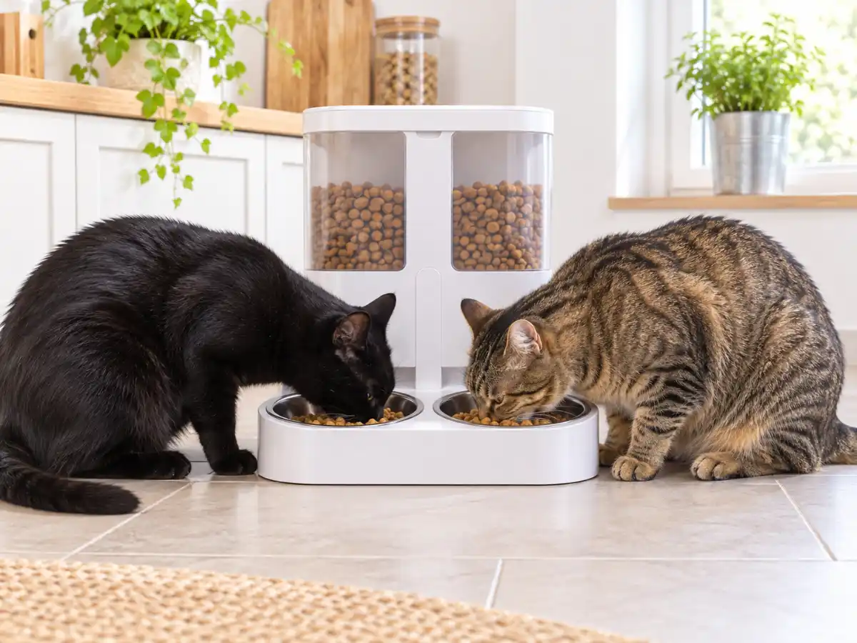 Deux chats, un noir et un tigré, qui mangent dans les deux bols d'un distributeur à double gamelle
