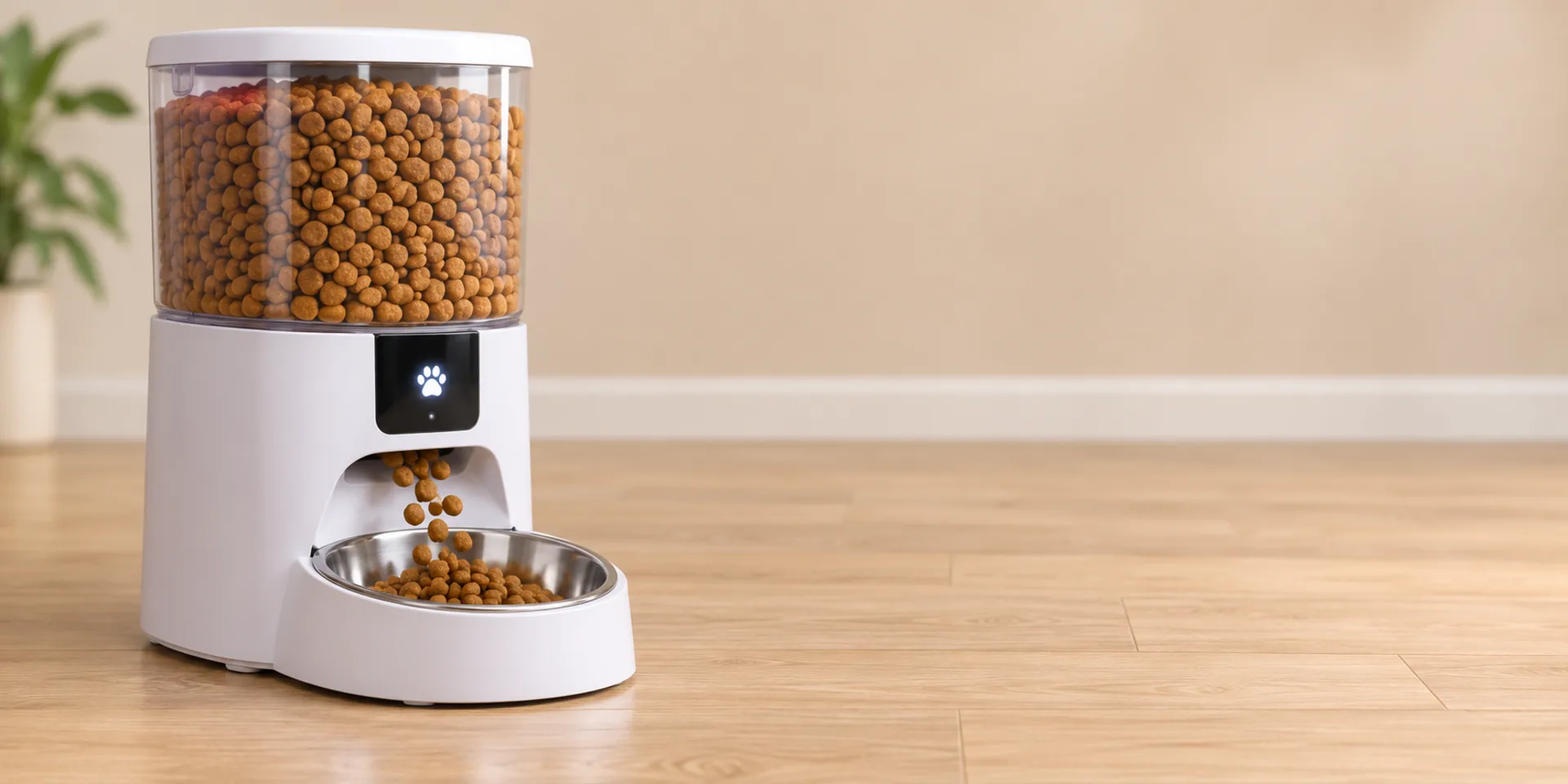 Distributeur automatique de croquettes pour chat, réservoir plein et portion qui tombe dans le bol