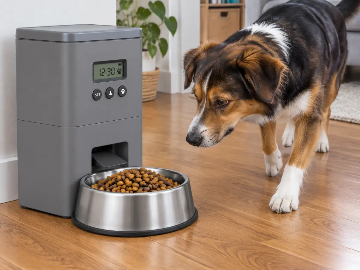 Distributeur de croquettes programmable gris avec écran, gamelle en inox remplie, chien qui s'approche