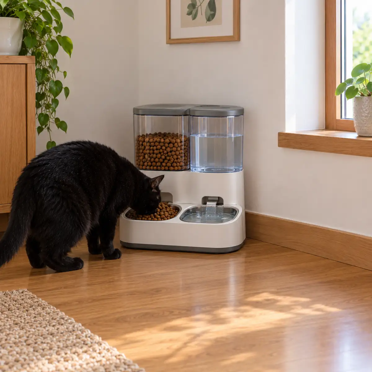 Chat noir qui mange à une station croquettes et eau blanche posée dans un salon chaleureux