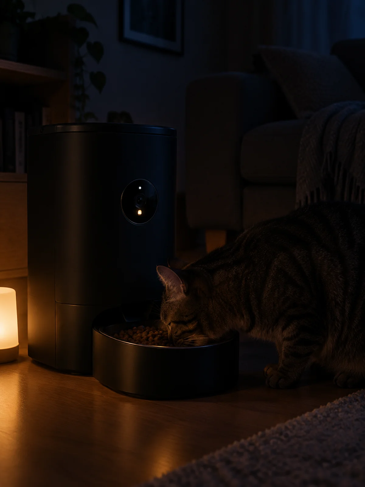 Chat tigré qui mange la nuit devant un distributeur de croquettes connecté noir, éclairé par une petite lumière