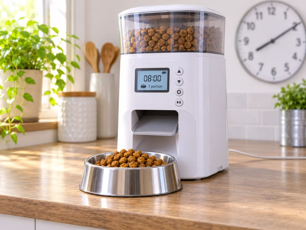 Distributeur de croquettes programmable à écran et minuterie sur un plan de cuisine, bol en inox rempli