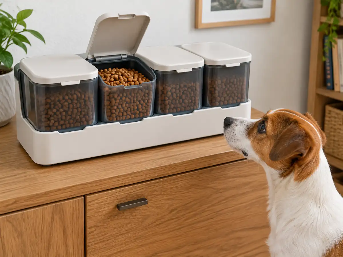 Distributeur de croquettes à compartiments avec un couvercle ouvert, chien qui le regarde