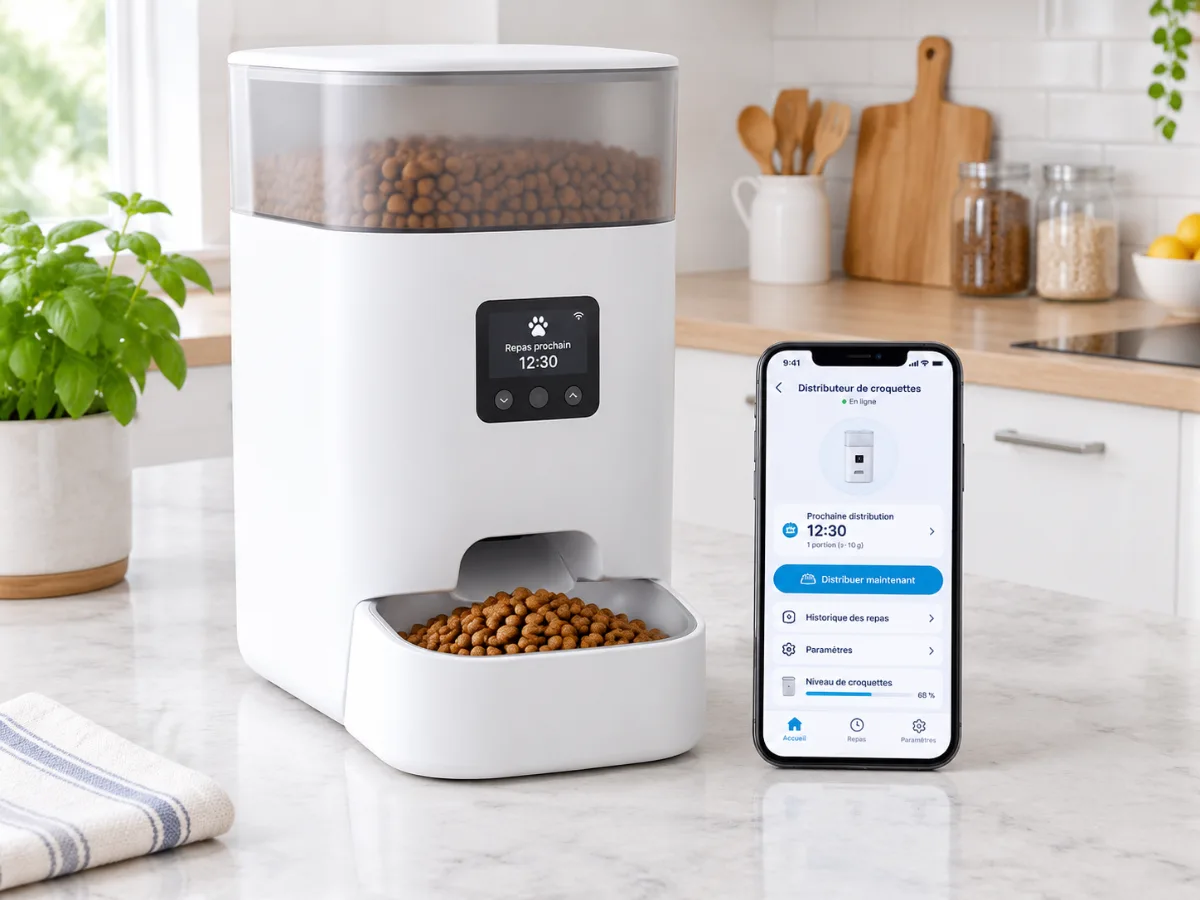 Distributeur de croquettes connecté blanc avec écran dans une cuisine, smartphone avec l'application à côté