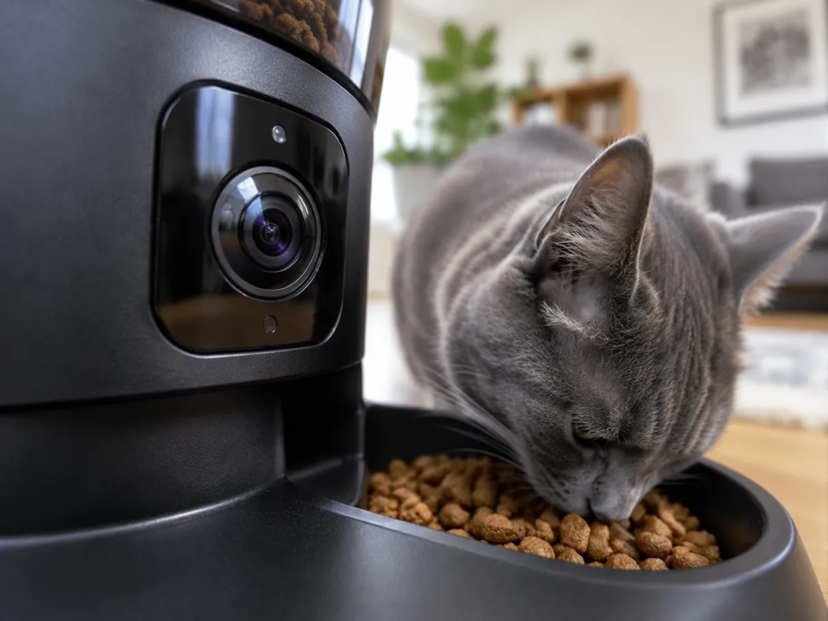 Chat gris qui mange devant la caméra grand angle d'un distributeur de croquettes noir
