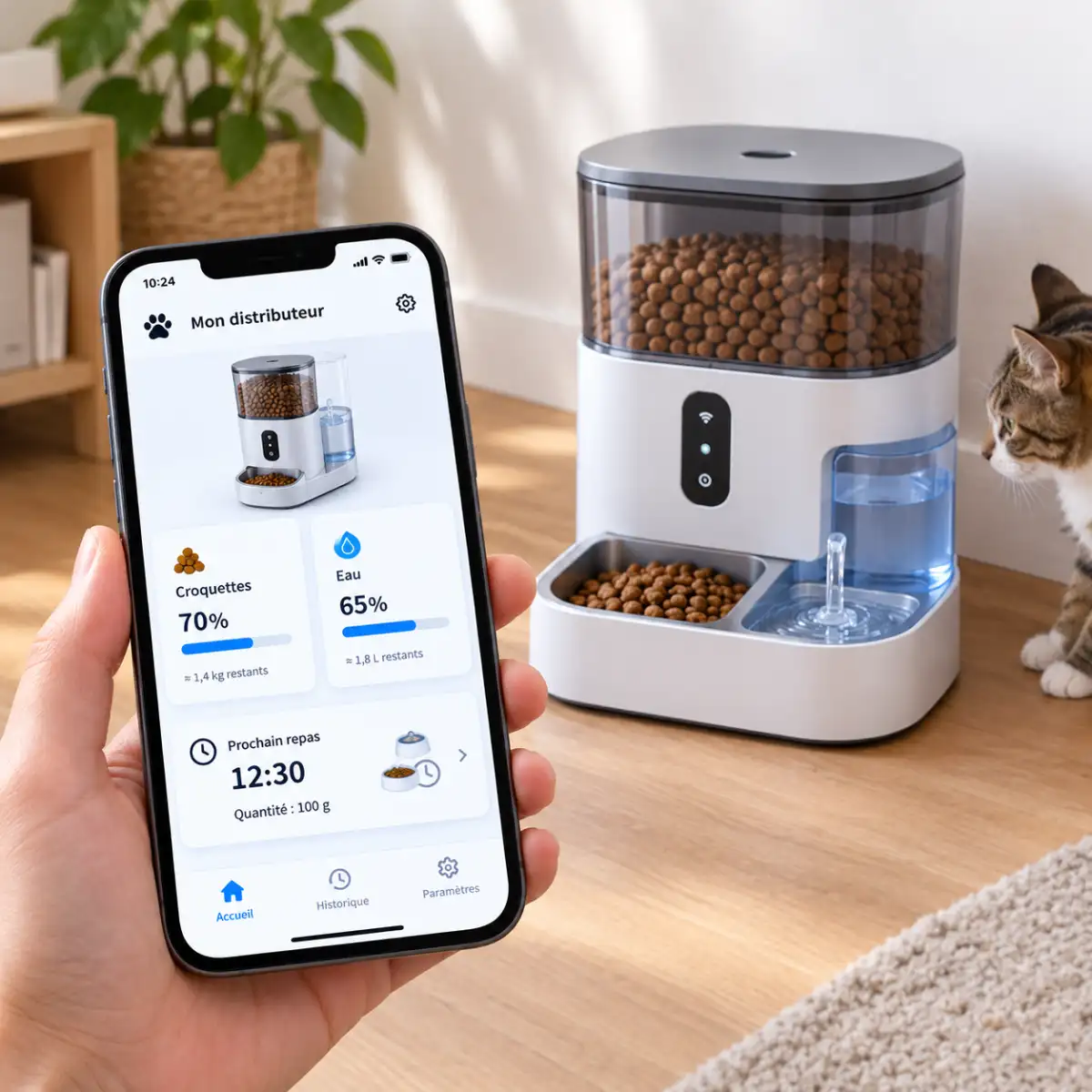 Smartphone avec l'application d'un distributeur croquettes et eau qui affiche les niveaux et le prochain repas