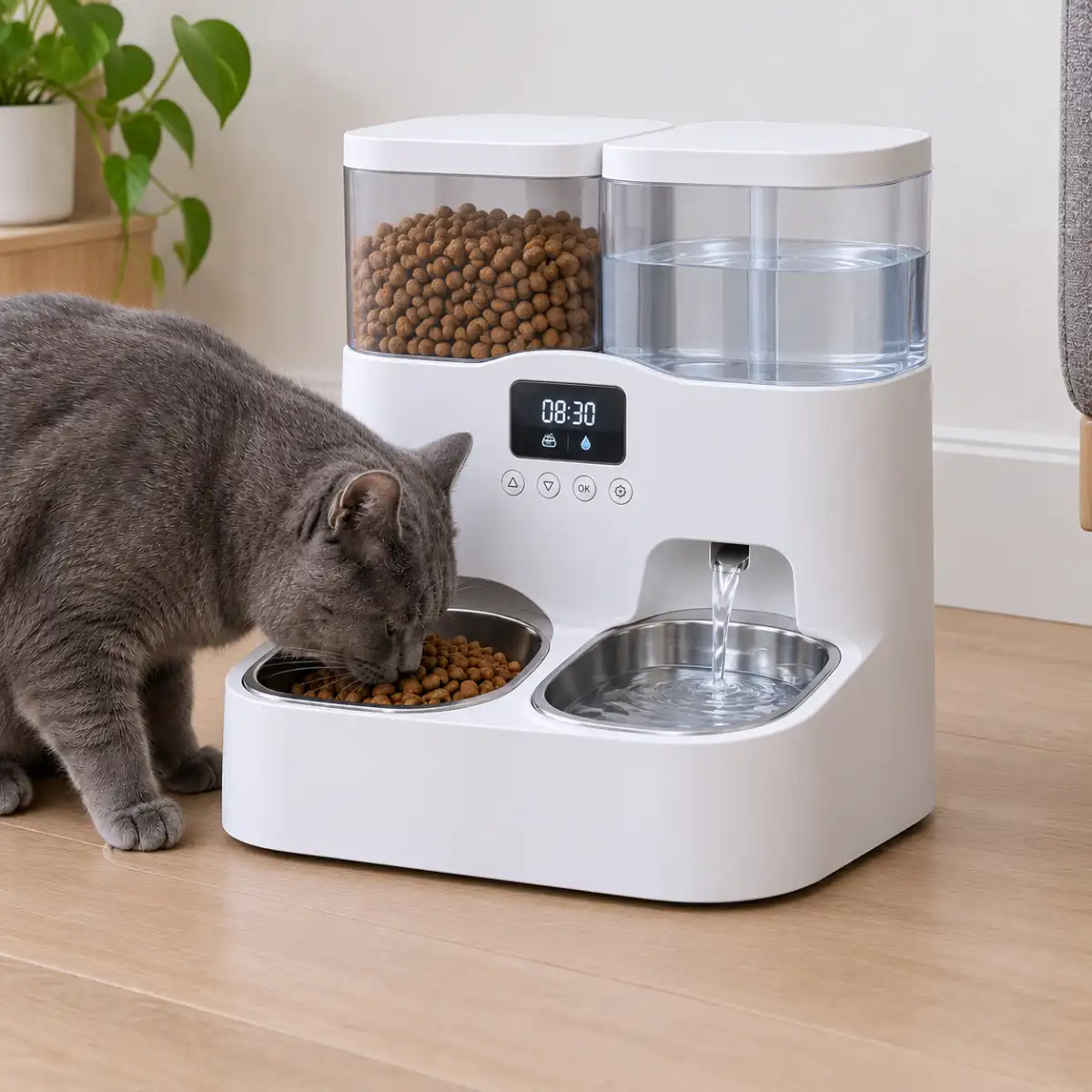 Chat gris qui mange dans la gamelle d'un distributeur programmable avec écran, abreuvoir en inox à côté