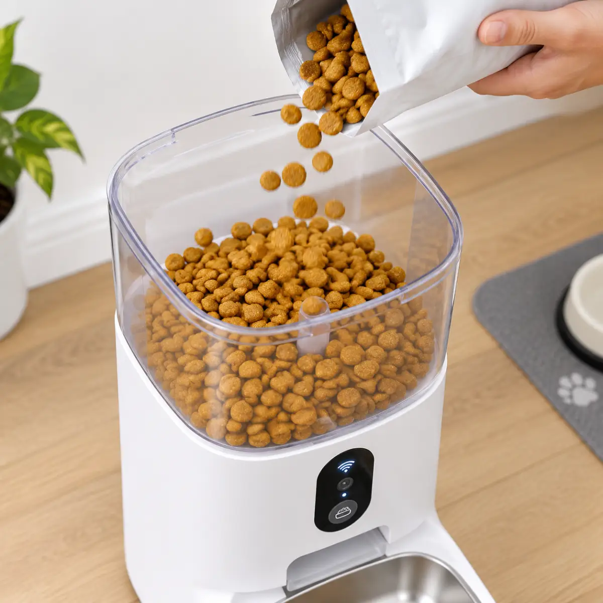 Sac de croquettes versé dans le réservoir transparent d'un distributeur connecté blanc