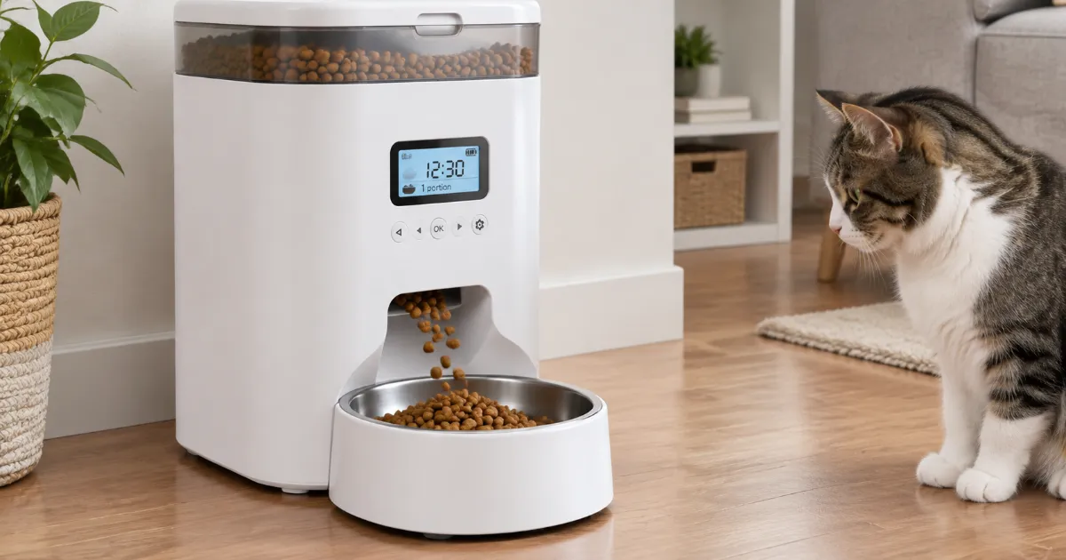 Distributeur programmable à écran LCD libérant une portion de croquettes à l'heure réglée 