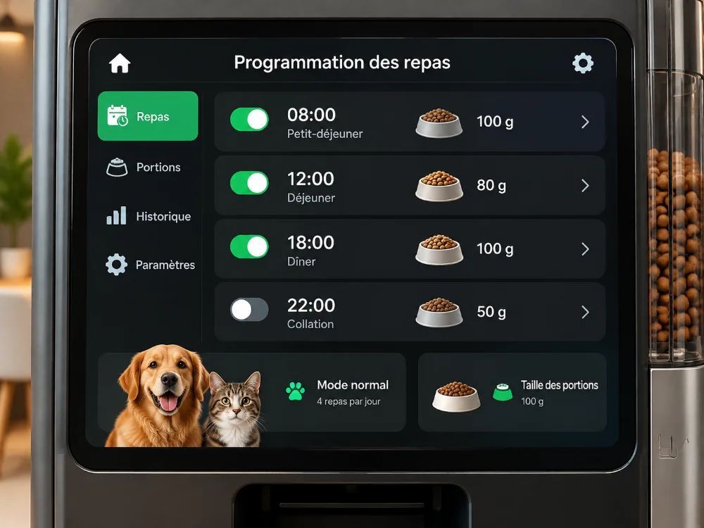Écran de programmation d'un distributeur automatique de croquettes