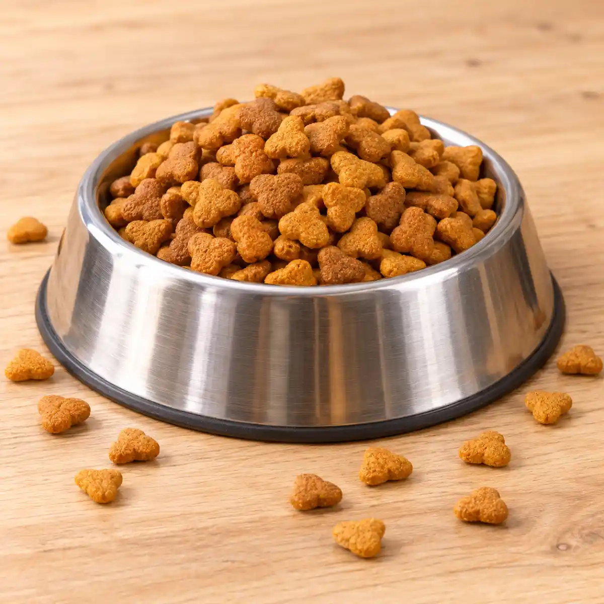 Bol en inox rempli de croquettes dorées pour chat sur un plan de bois clair