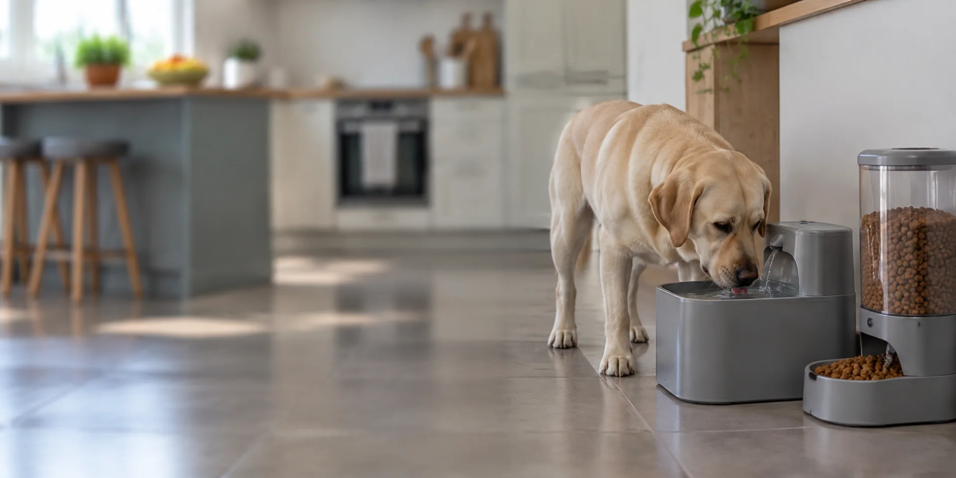 Labrador qui boit à une fontaine à eau posée à côté d'un distributeur de croquettes dans une cuisine