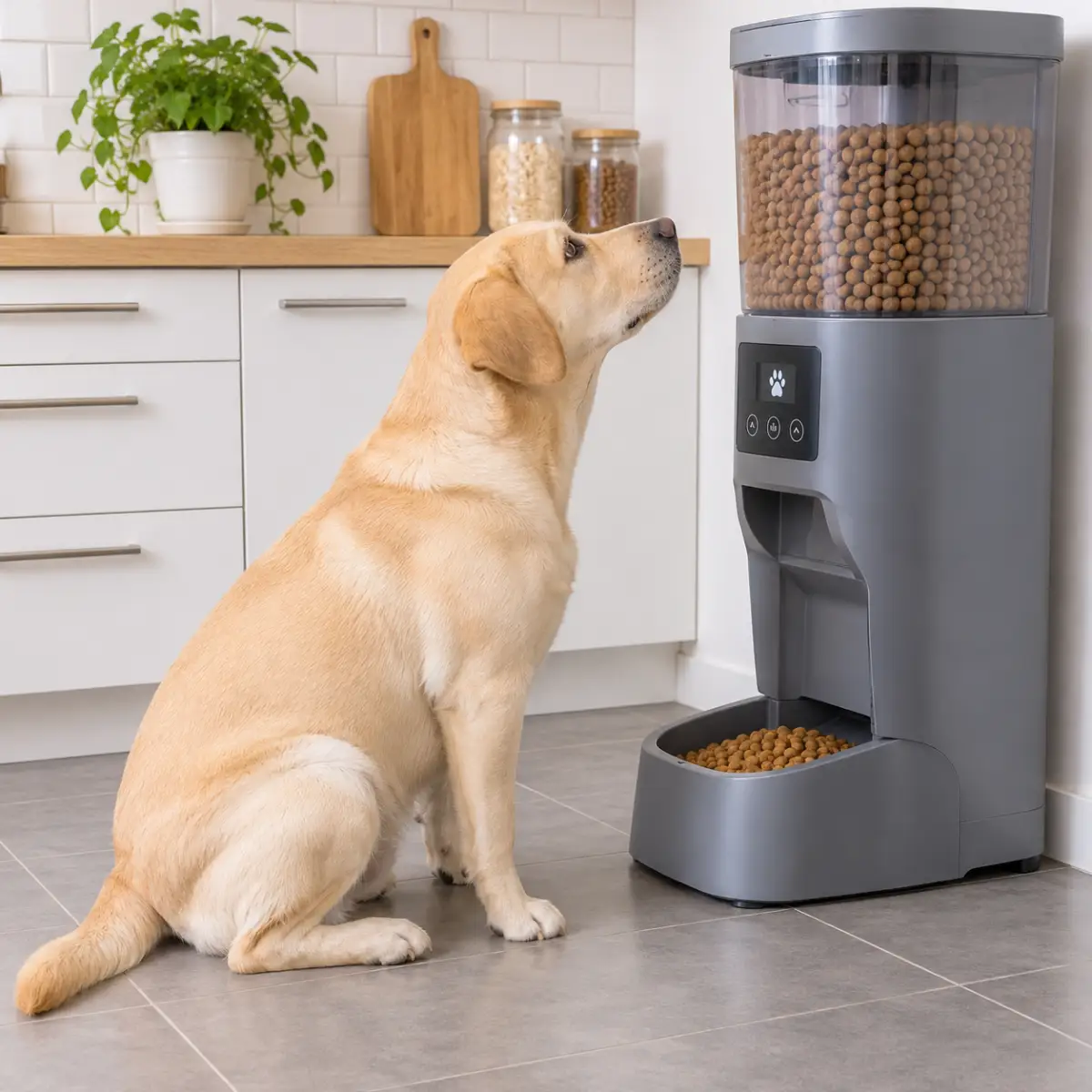 Labrador assis devant un grand distributeur de croquettes gris dans une cuisine