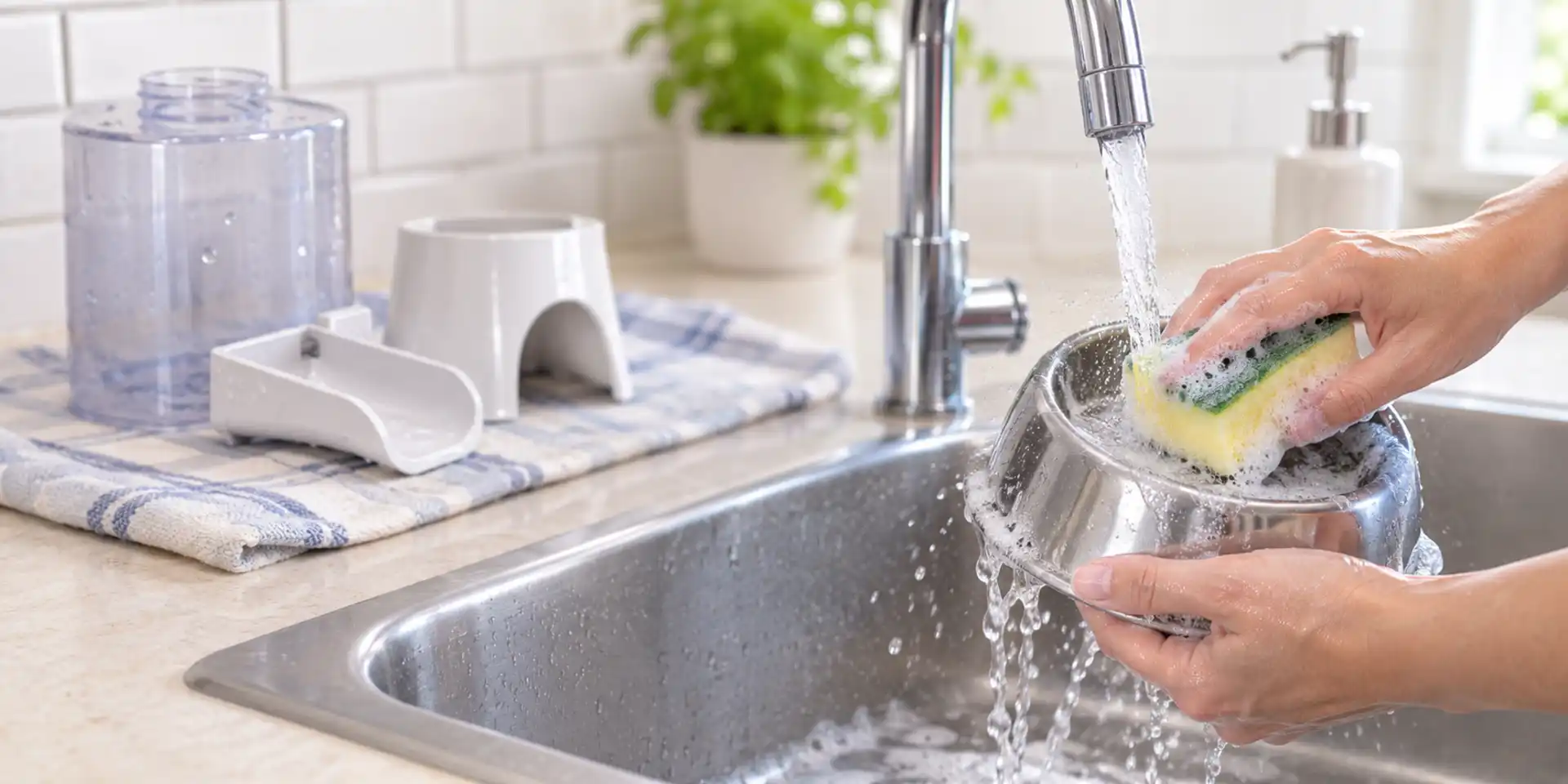 Lavage du bol en inox d'un distributeur sous le robinet, pièces démontées posées sur un torchon
