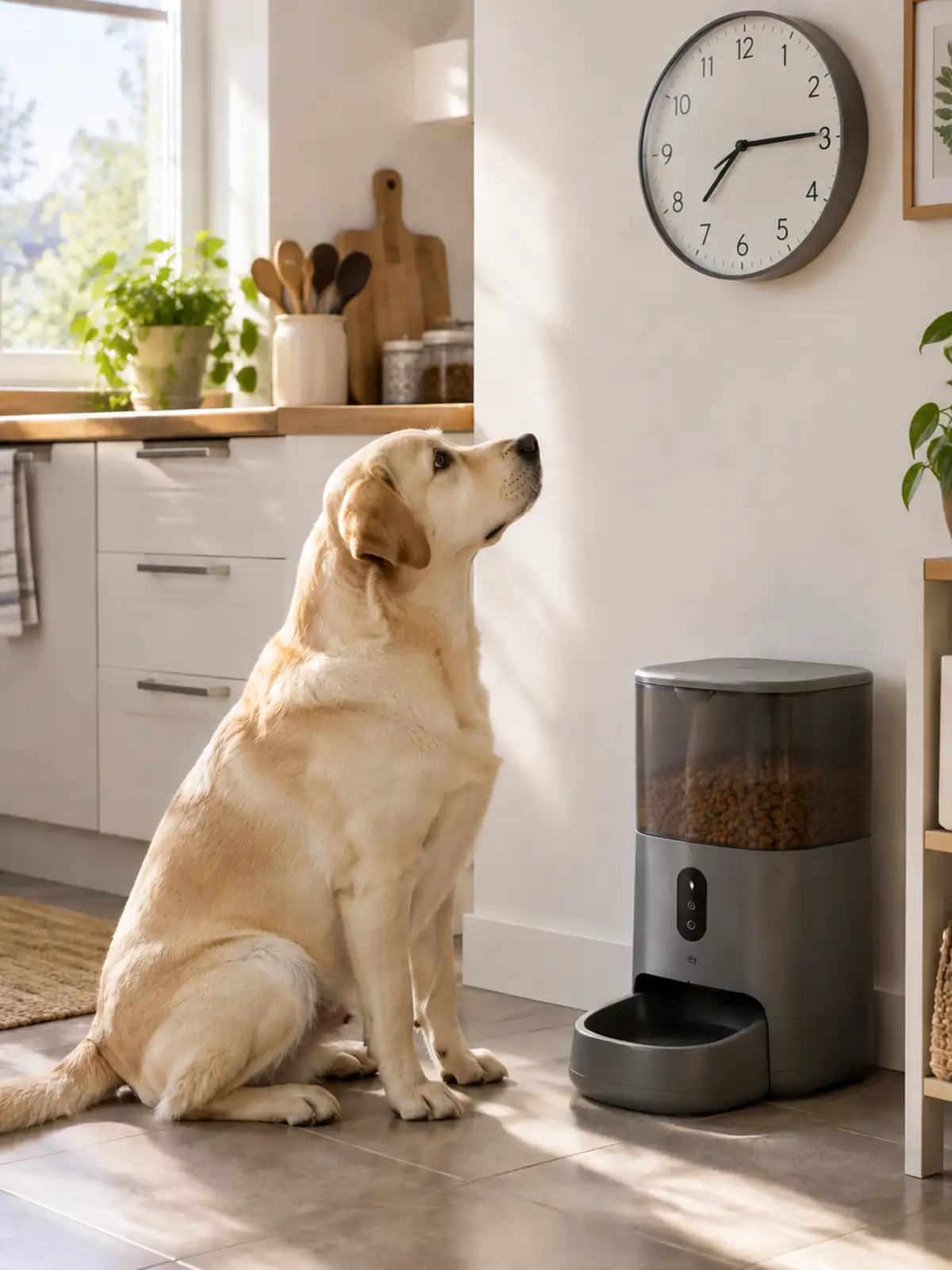 Labrador beige assis qui regarde un distributeur de croquettes gris dans une cuisine, horloge murale au fond
