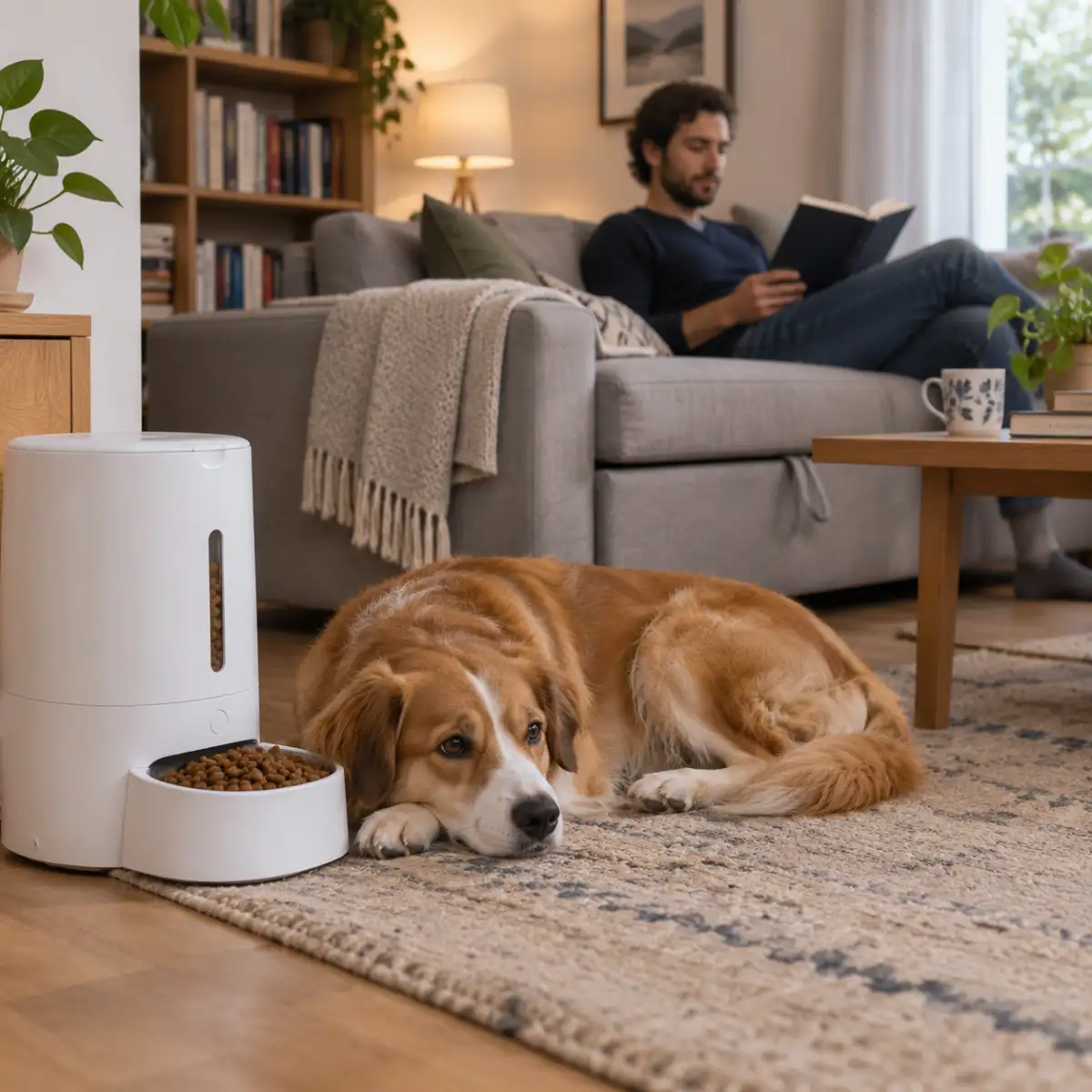 Chien couché sur un tapis près d'un distributeur de croquettes blanc, maître qui lit sur le canapé
