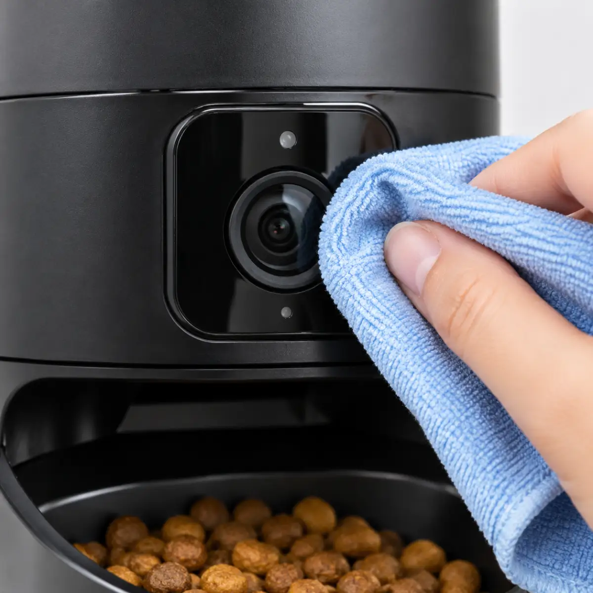 Chiffon microfibre qui nettoie l'objectif de la caméra d'un distributeur de croquettes noir