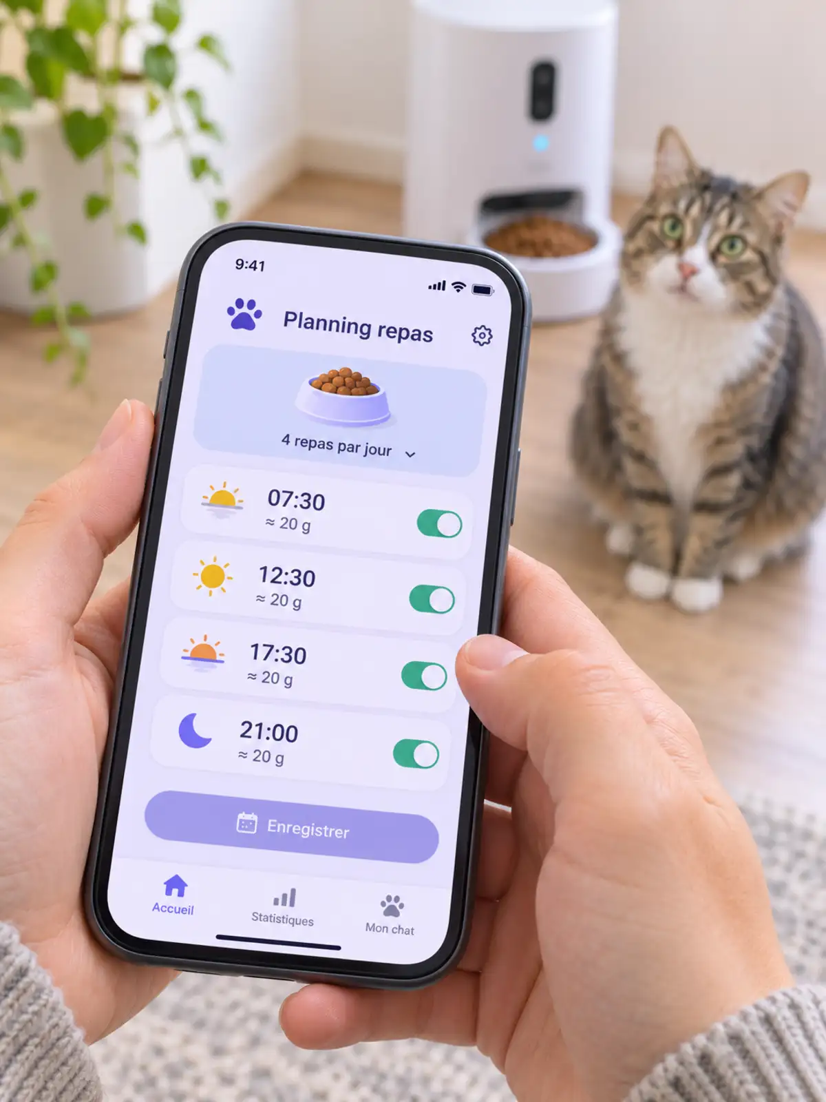 Application de planning des repas ouverte sur un smartphone avec quatre horaires, chat assis derrière