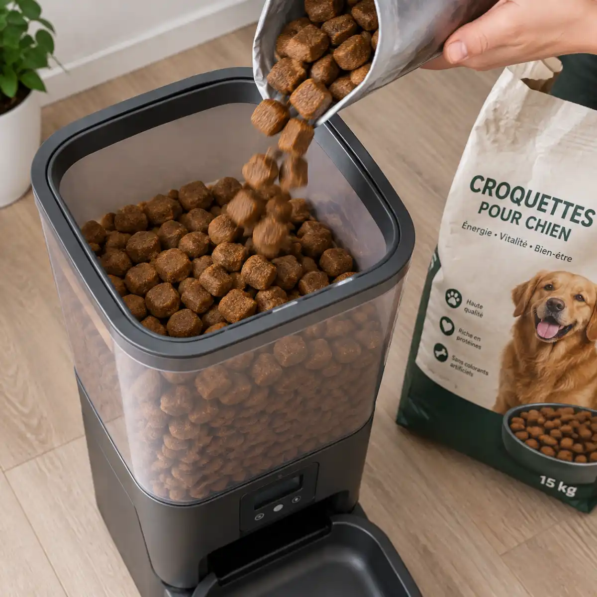 Croquettes pour chien versées dans le réservoir d'un distributeur, sac de croquettes à côté