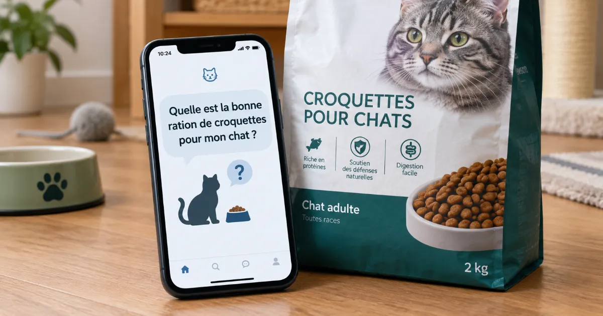 Smartphone affichant une question sur la ration d'un chat à côté d'un sac de croquettes