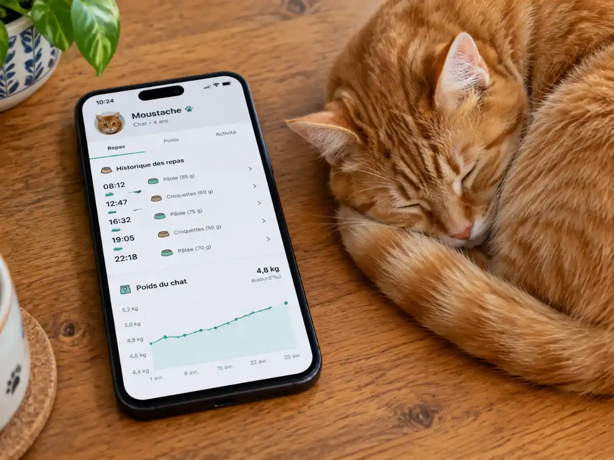 Historique des repas et courbe de poids d'un chat affichés sur un smartphone, chat roux endormi à côté