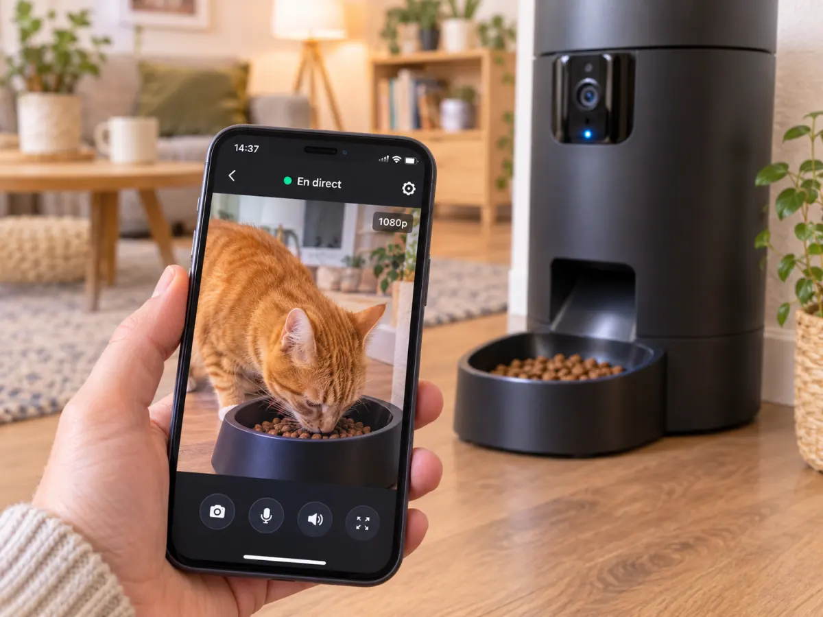 Smartphone qui affiche en direct un chat roux en train de manger devant un distributeur de croquettes à caméra