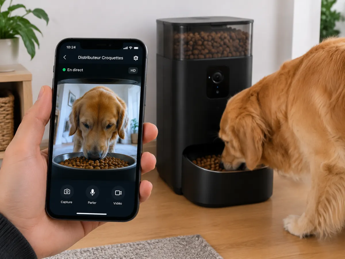 Smartphone qui affiche en direct un chien en train de manger devant un distributeur de croquettes noir à caméra
