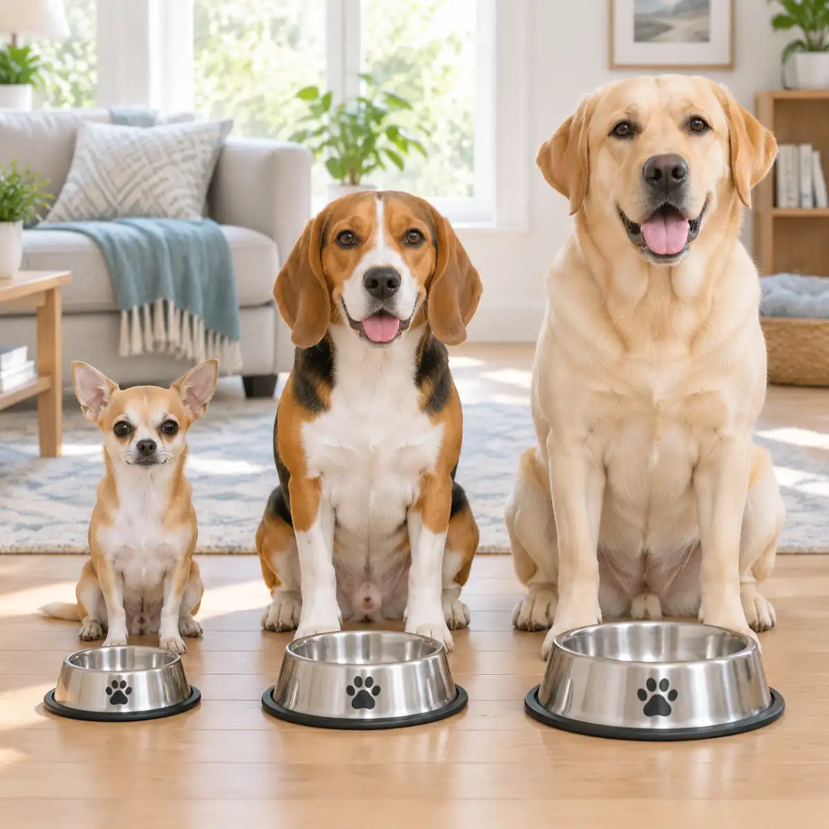 Chihuahua, beagle et labrador assis côte à côte devant leurs gamelles en inox dans un salon