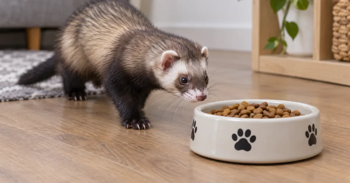 furet qui s'approche d'une gamelle avec croquettes pour chat au sol